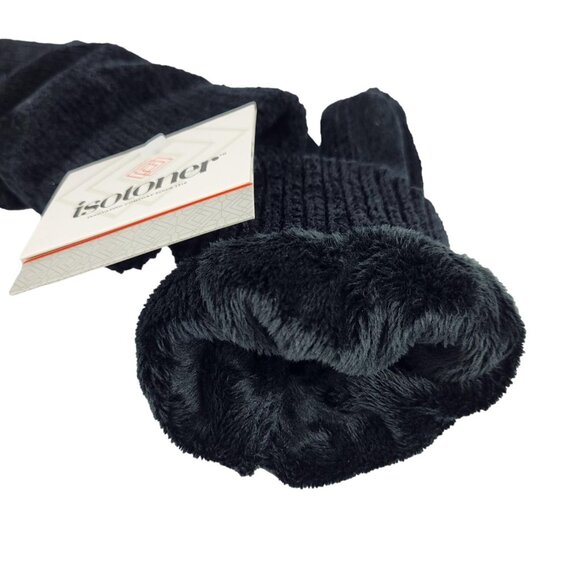ISOTONER Knit Winter Gloves Faux Fur Lining Black One Size New - Picture 2 of 6